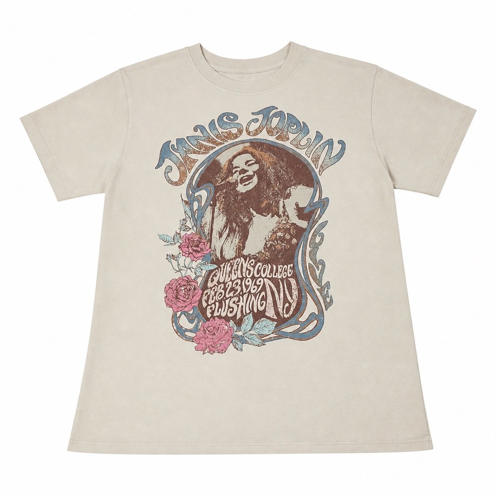 Janis Joplin Queens College 1969 Graphic Tee Beige Rock Concert T-Shirt Womens
